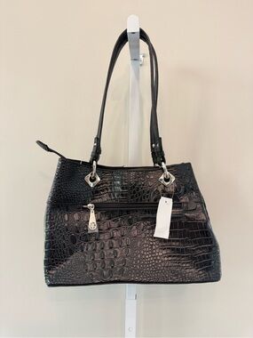 Marc Chantal Croc Embossed Black Leather Shoulder Tote Bag OS NWT